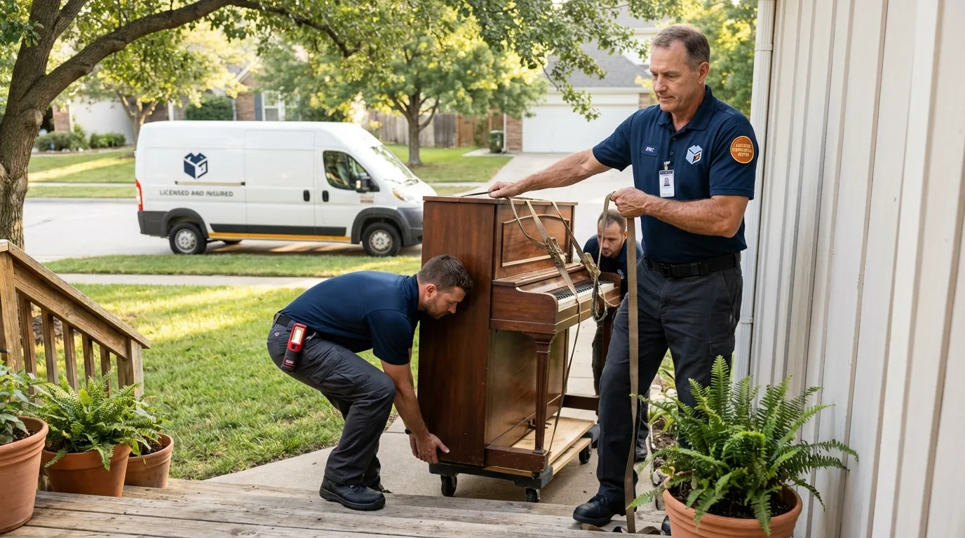 Licensed piano movers securing grand piano in Holland, MA