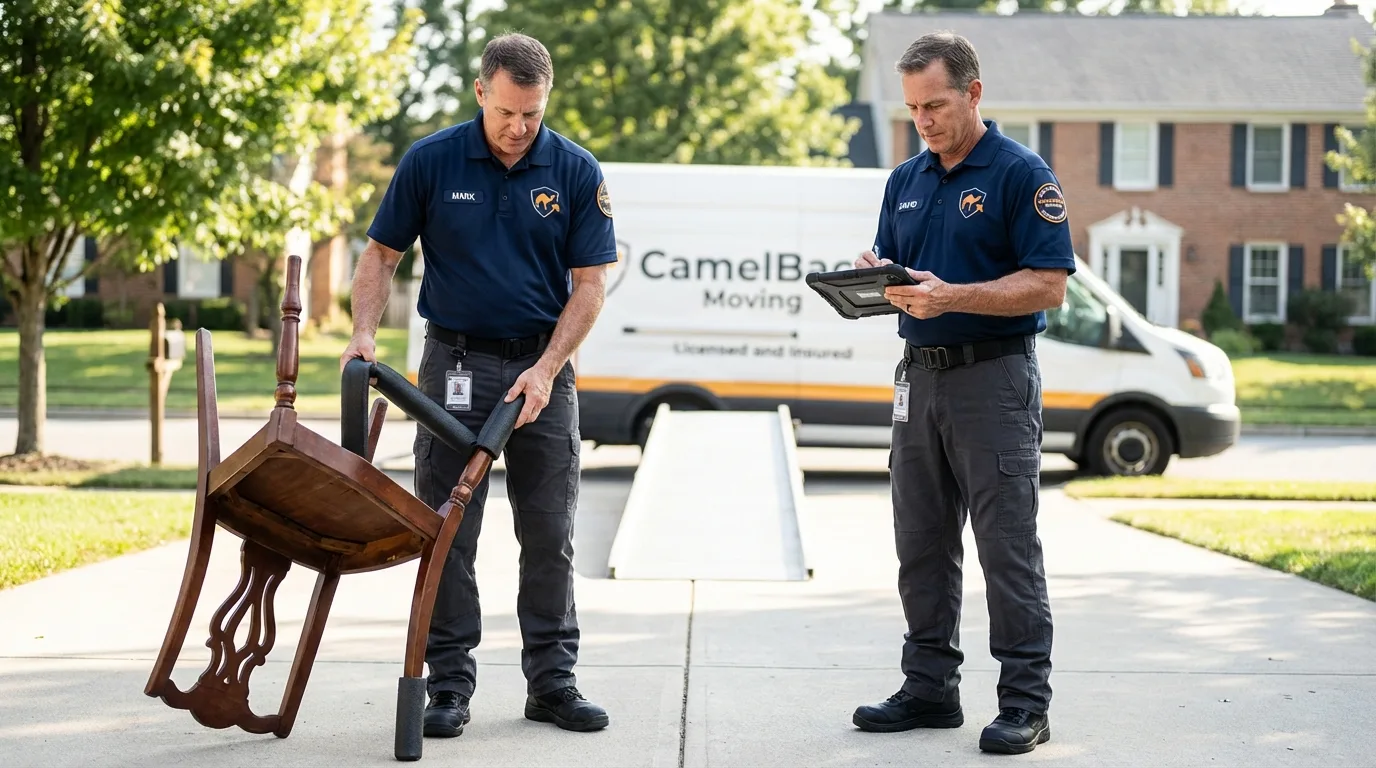 Movers inspecting furniture for damage prevention before loading in Holland, MA