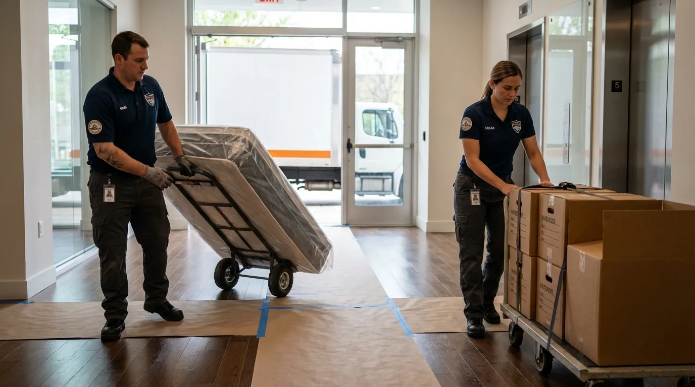 Professional apartment movers loading elevator in Holland, MA