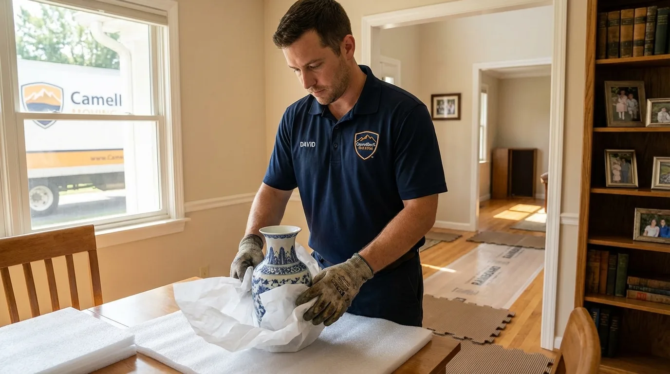 Professional crew carefully wrapping antique vase for senior downsizing move in Holland, MA