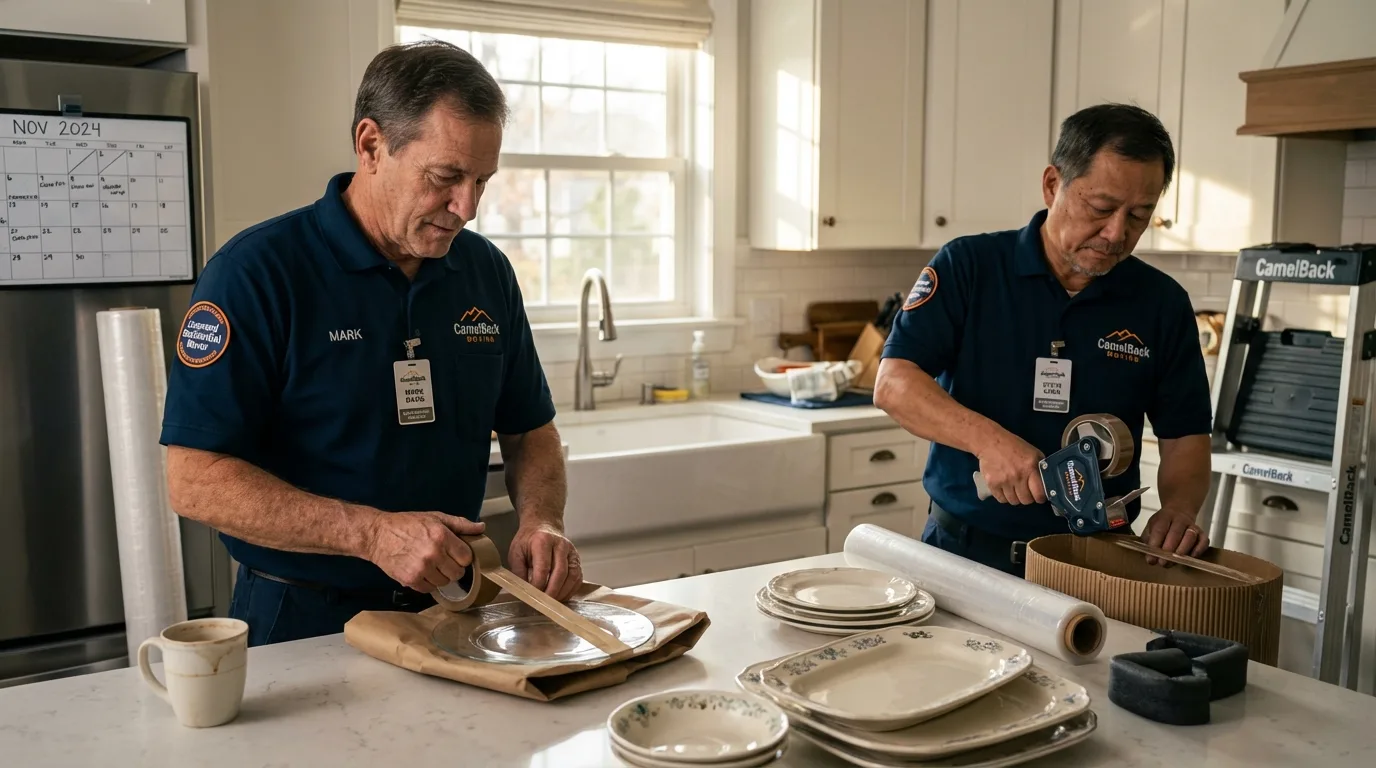 Professional crew packing kitchen dishware in Holland, MA